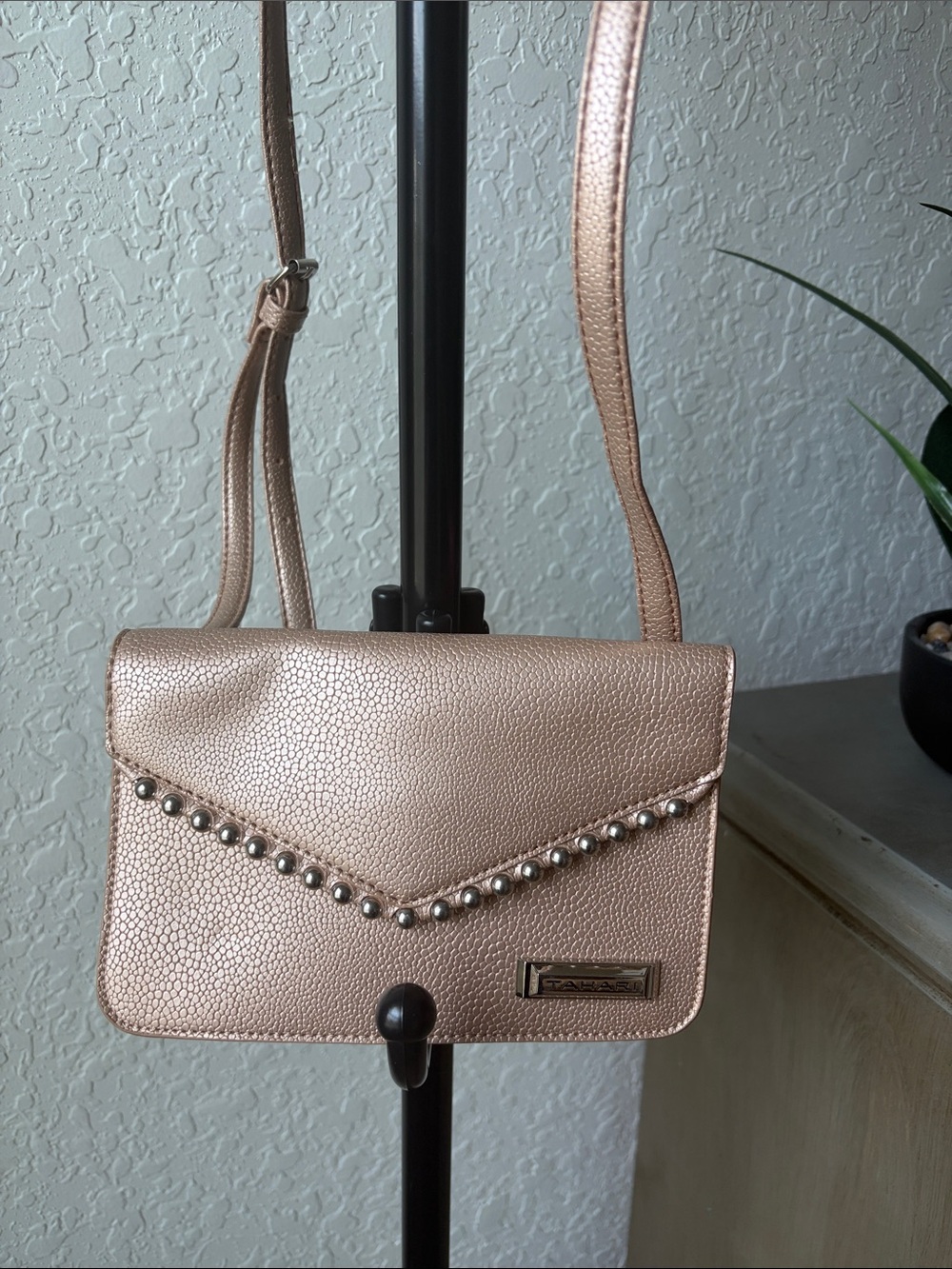 Tahari Metallic Rose Gold Pebbled Crossbody Bag with Stud Accent